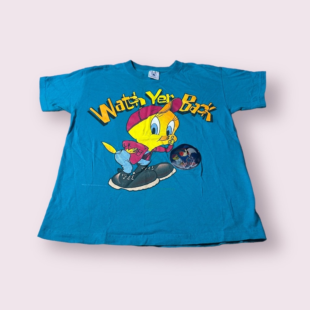 Youth Vintage Looney Tunes Tweety Bird Sylvester Holographic Teal Tee Shirt Lrg